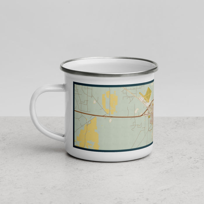 Left View Custom Fort Stockton Texas Map Enamel Mug in Woodblock