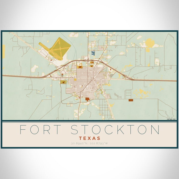 Fort Stockton Texas Map Print Landscape Orientation in Woodblock Style With Shaded Background