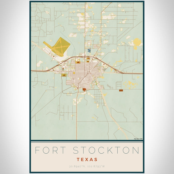 Fort Stockton Texas Map Print Portrait Orientation in Woodblock Style With Shaded Background