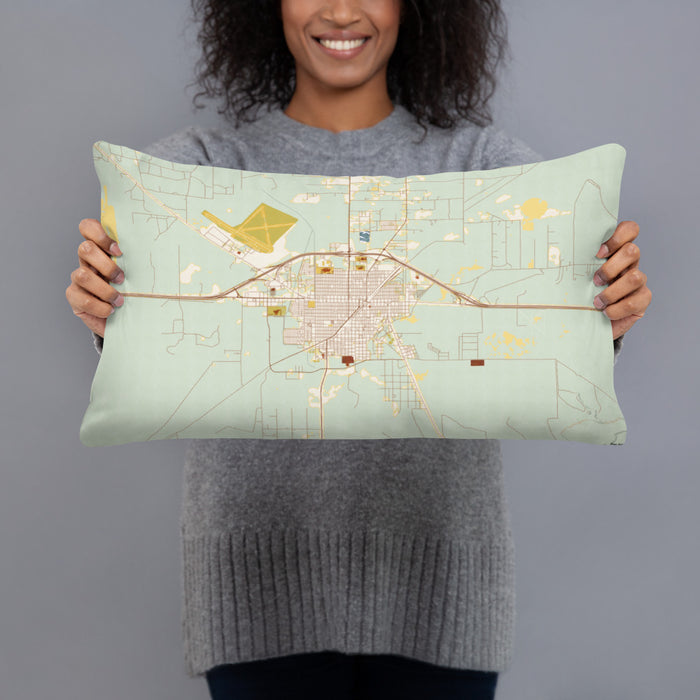 Person holding 20x12 Custom Fort Stockton Texas Map Throw Pillow in Woodblock