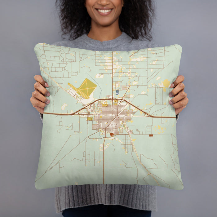 Person holding 18x18 Custom Fort Stockton Texas Map Throw Pillow in Woodblock