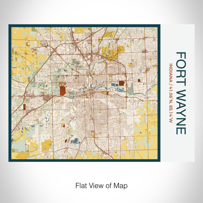 Rendered View of Fort Wayne Indiana Map on 20oz Stainless Steel Insulated Bottle with Bamboo Top with printed woodblock style map