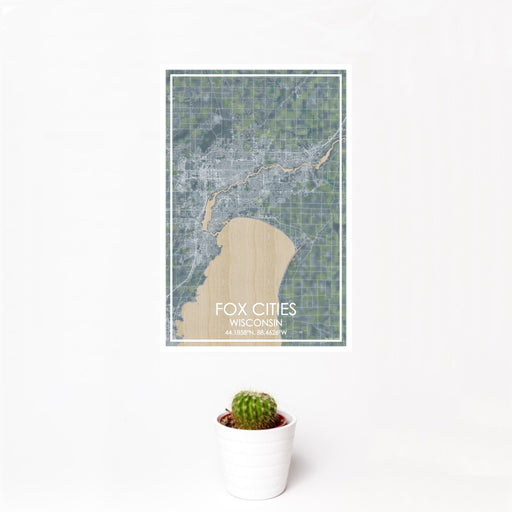 12x18 Fox Cities Wisconsin Map Print Portrait Orientation in Afternoon Style With Small Cactus Plant in White Planter