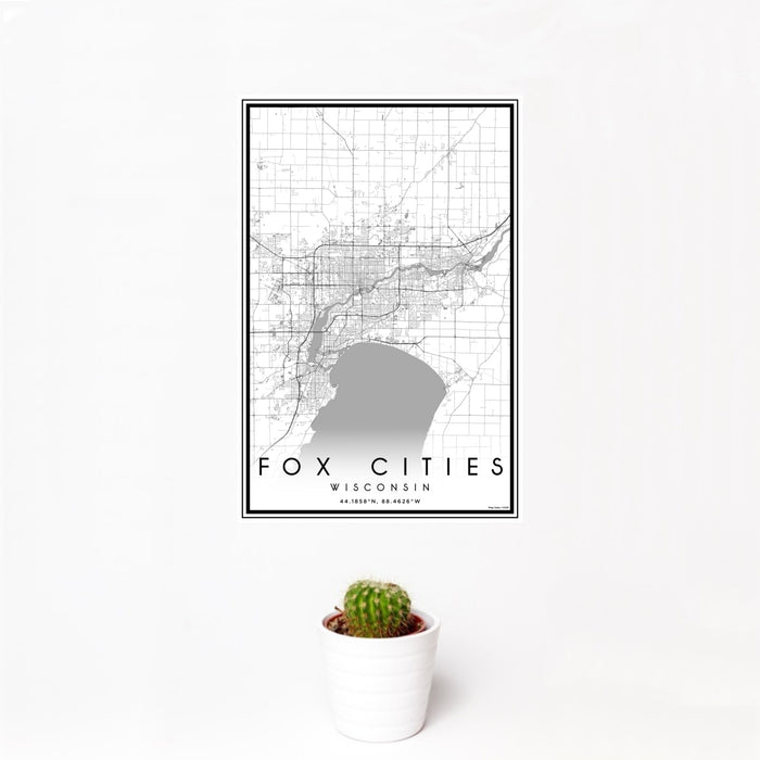12x18 Fox Cities Wisconsin Map Print Portrait Orientation in Classic Style With Small Cactus Plant in White Planter