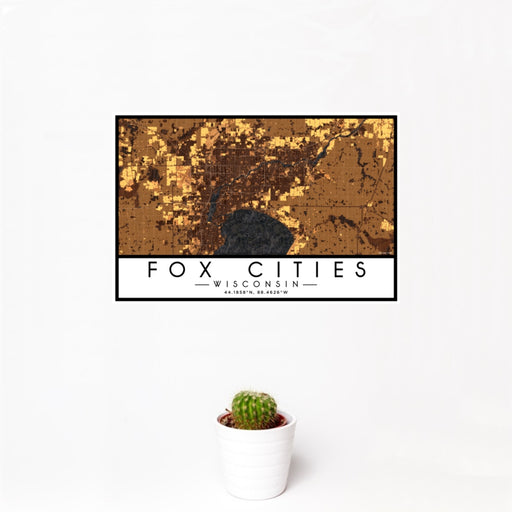 12x18 Fox Cities Wisconsin Map Print Landscape Orientation in Ember Style With Small Cactus Plant in White Planter