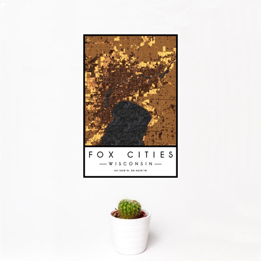 12x18 Fox Cities Wisconsin Map Print Portrait Orientation in Ember Style With Small Cactus Plant in White Planter