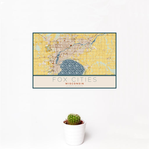 12x18 Fox Cities Wisconsin Map Print Landscape Orientation in Woodblock Style With Small Cactus Plant in White Planter