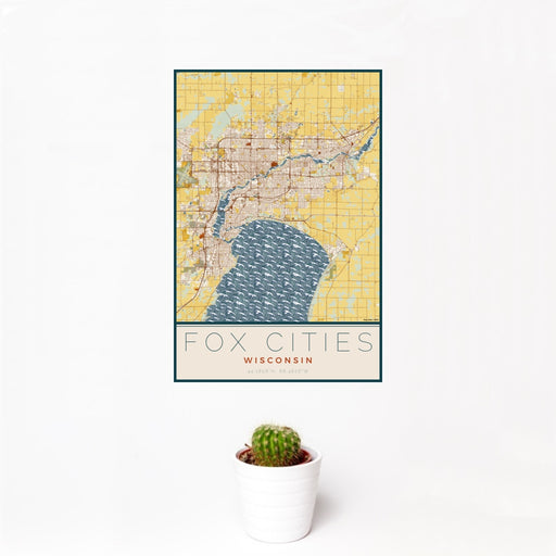 12x18 Fox Cities Wisconsin Map Print Portrait Orientation in Woodblock Style With Small Cactus Plant in White Planter