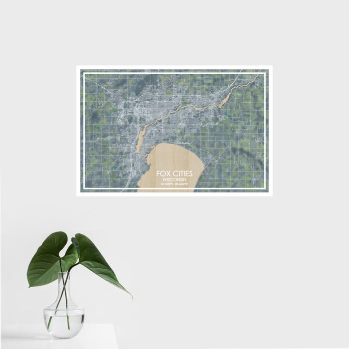 16x24 Fox Cities Wisconsin Map Print Landscape Orientation in Afternoon Style With Tropical Plant Leaves in Water