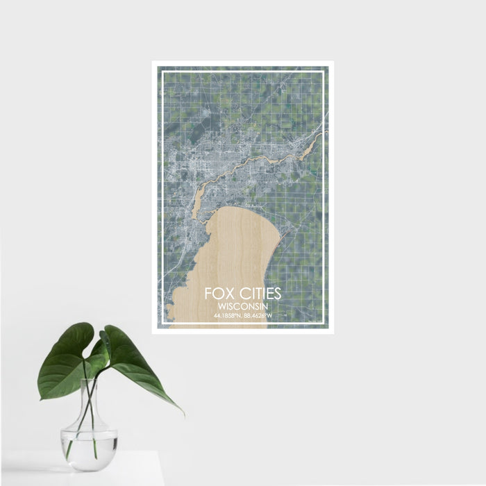 16x24 Fox Cities Wisconsin Map Print Portrait Orientation in Afternoon Style With Tropical Plant Leaves in Water