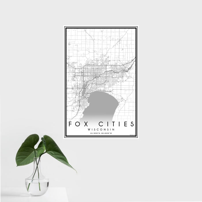 16x24 Fox Cities Wisconsin Map Print Portrait Orientation in Classic Style With Tropical Plant Leaves in Water