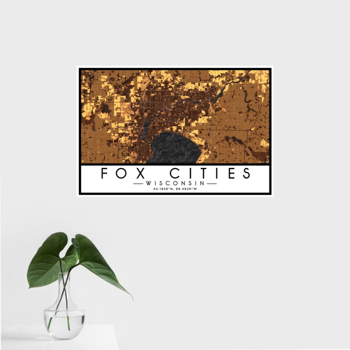 16x24 Fox Cities Wisconsin Map Print Landscape Orientation in Ember Style With Tropical Plant Leaves in Water