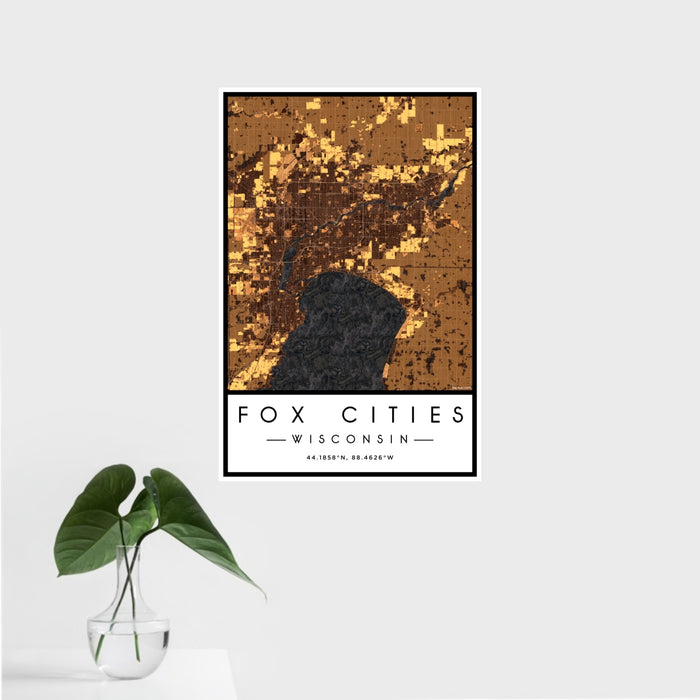 16x24 Fox Cities Wisconsin Map Print Portrait Orientation in Ember Style With Tropical Plant Leaves in Water