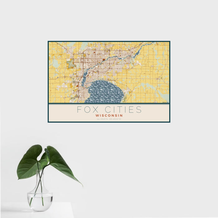 16x24 Fox Cities Wisconsin Map Print Landscape Orientation in Woodblock Style With Tropical Plant Leaves in Water