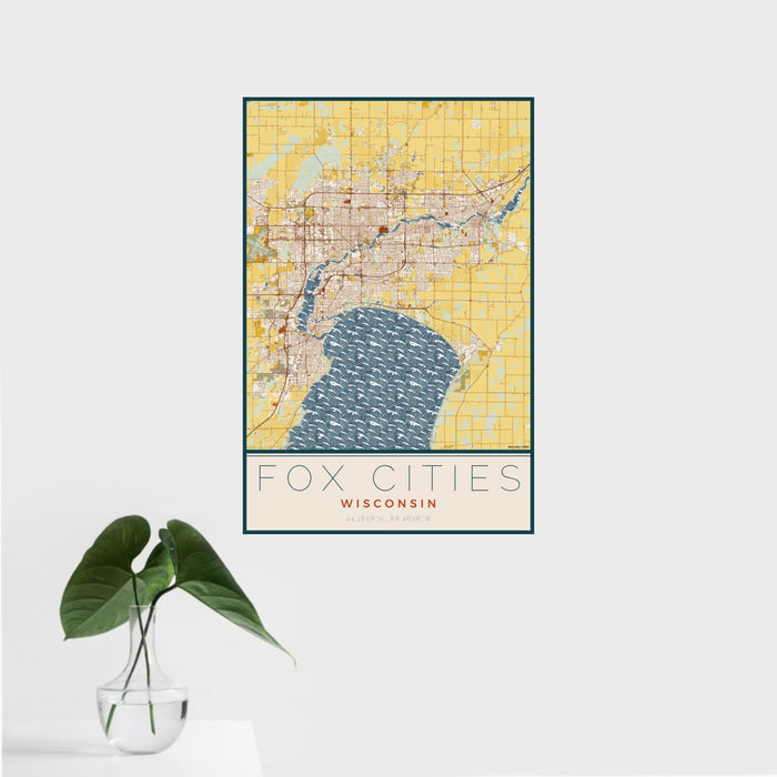 16x24 Fox Cities Wisconsin Map Print Portrait Orientation in Woodblock Style With Tropical Plant Leaves in Water