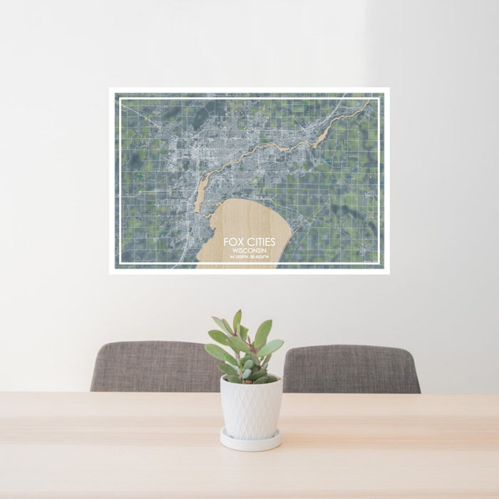 24x36 Fox Cities Wisconsin Map Print Lanscape Orientation in Afternoon Style Behind 2 Chairs Table and Potted Plant