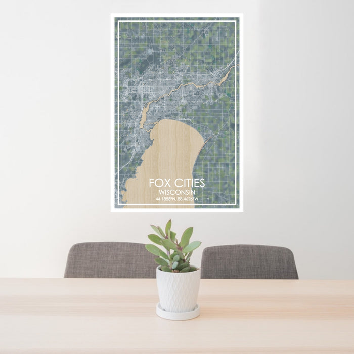 24x36 Fox Cities Wisconsin Map Print Portrait Orientation in Afternoon Style Behind 2 Chairs Table and Potted Plant