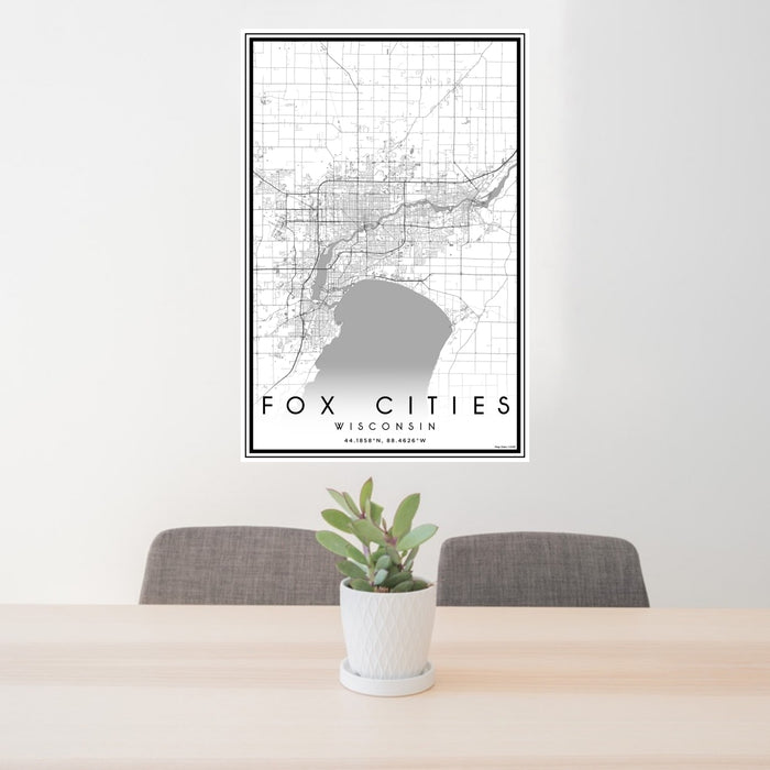 24x36 Fox Cities Wisconsin Map Print Portrait Orientation in Classic Style Behind 2 Chairs Table and Potted Plant