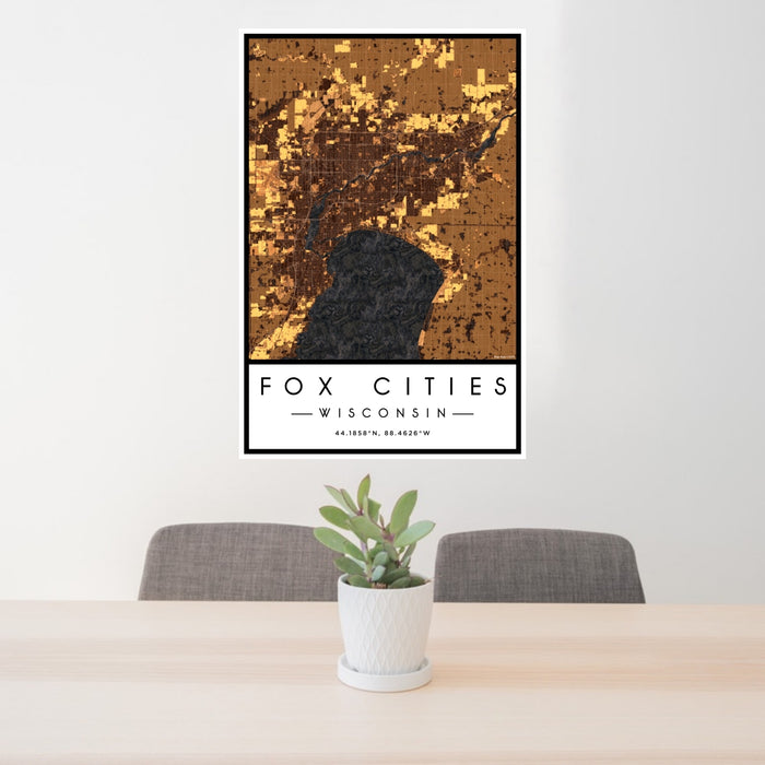 24x36 Fox Cities Wisconsin Map Print Portrait Orientation in Ember Style Behind 2 Chairs Table and Potted Plant