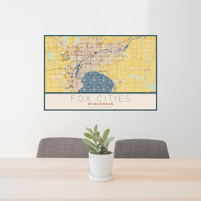 24x36 Fox Cities Wisconsin Map Print Lanscape Orientation in Woodblock Style Behind 2 Chairs Table and Potted Plant