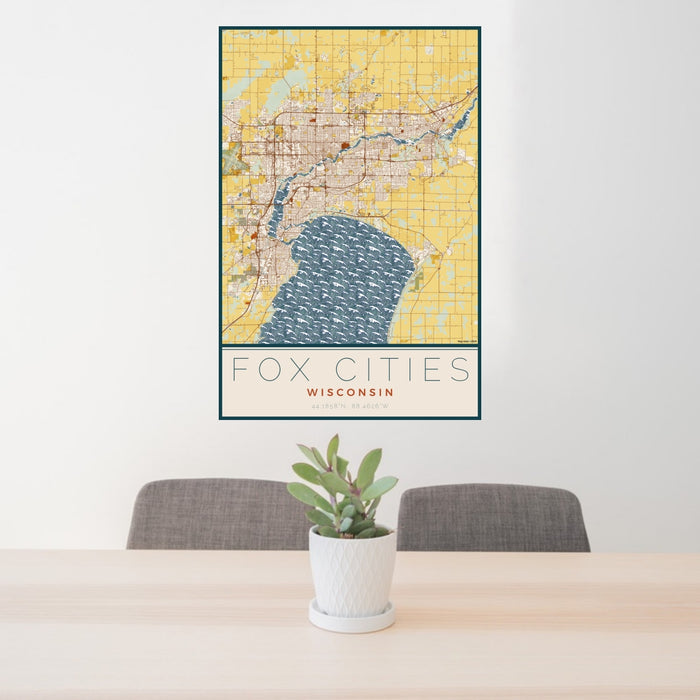 24x36 Fox Cities Wisconsin Map Print Portrait Orientation in Woodblock Style Behind 2 Chairs Table and Potted Plant