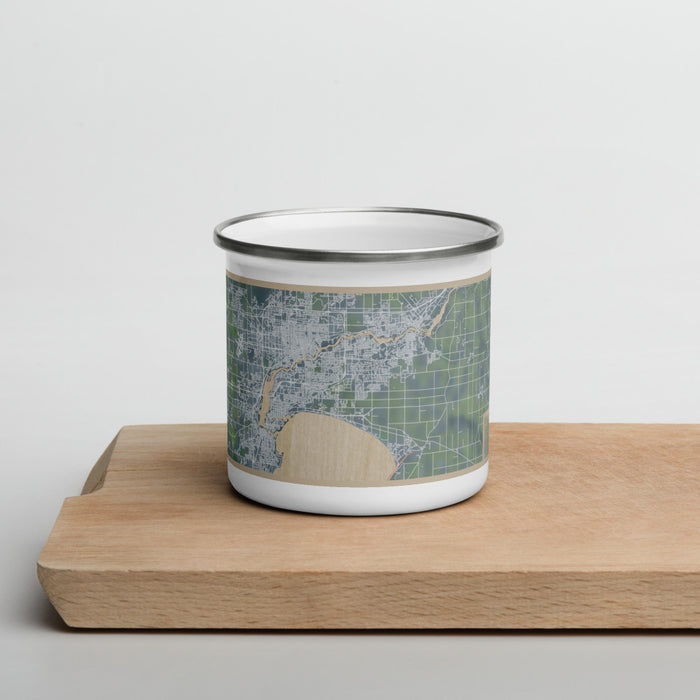Front View Custom Fox Cities Wisconsin Map Enamel Mug in Afternoon on Cutting Board