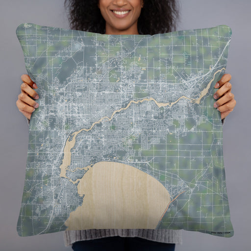 Person holding 22x22 Custom Fox Cities Wisconsin Map Throw Pillow in Afternoon