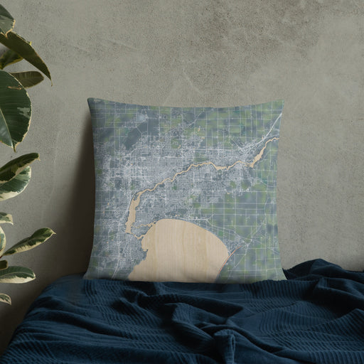 Custom Fox Cities Wisconsin Map Throw Pillow in Afternoon on Bedding Against Wall