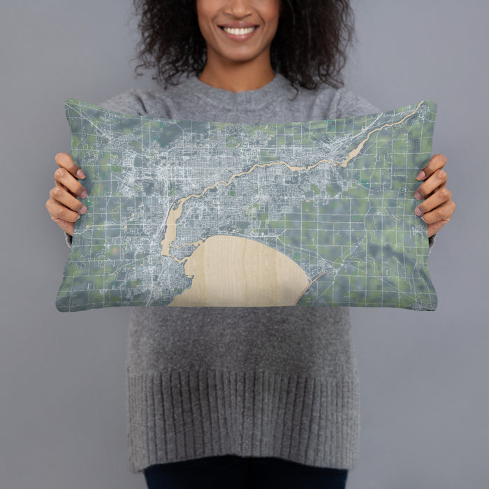 Person holding 20x12 Custom Fox Cities Wisconsin Map Throw Pillow in Afternoon
