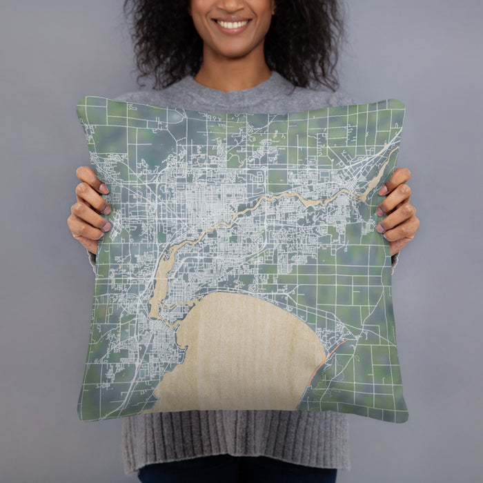 Person holding 18x18 Custom Fox Cities Wisconsin Map Throw Pillow in Afternoon