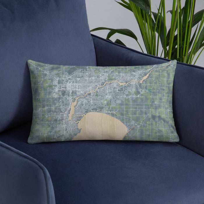 Custom Fox Cities Wisconsin Map Throw Pillow in Afternoon on Blue Colored Chair