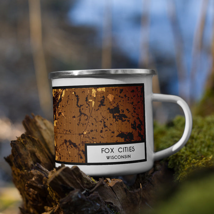 Right View Custom Fox Cities Wisconsin Map Enamel Mug in Ember on Grass With Trees in Background
