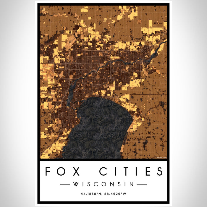 Fox Cities Wisconsin Map Print Portrait Orientation in Ember Style With Shaded Background