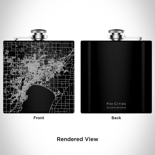 Rendered View of Fox Cities Wisconsin Map Engraving on 6oz Stainless Steel Flask in Black