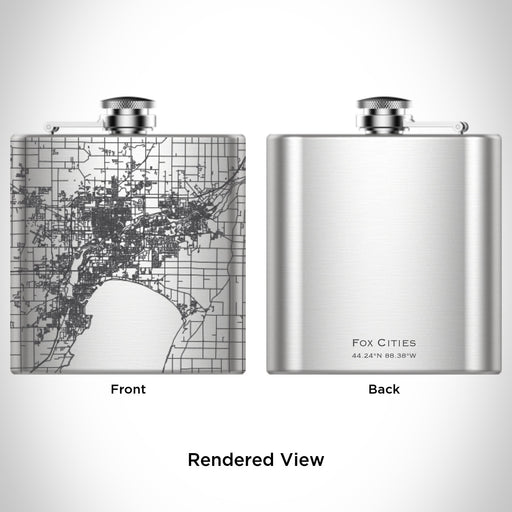Rendered View of Fox Cities Wisconsin Map Engraving on 6oz Stainless Steel Flask