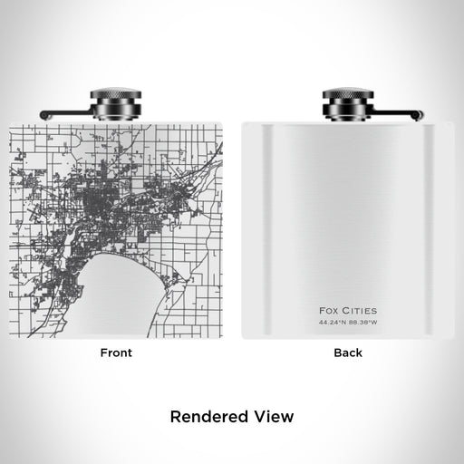 Rendered View of Fox Cities Wisconsin Map Engraving on 6oz Stainless Steel Flask in White
