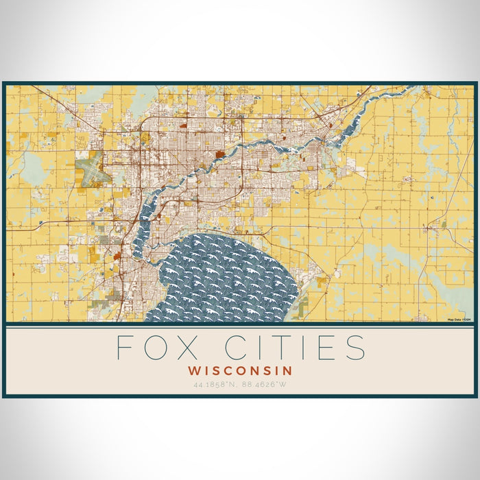 Fox Cities Wisconsin Map Print Landscape Orientation in Woodblock Style With Shaded Background
