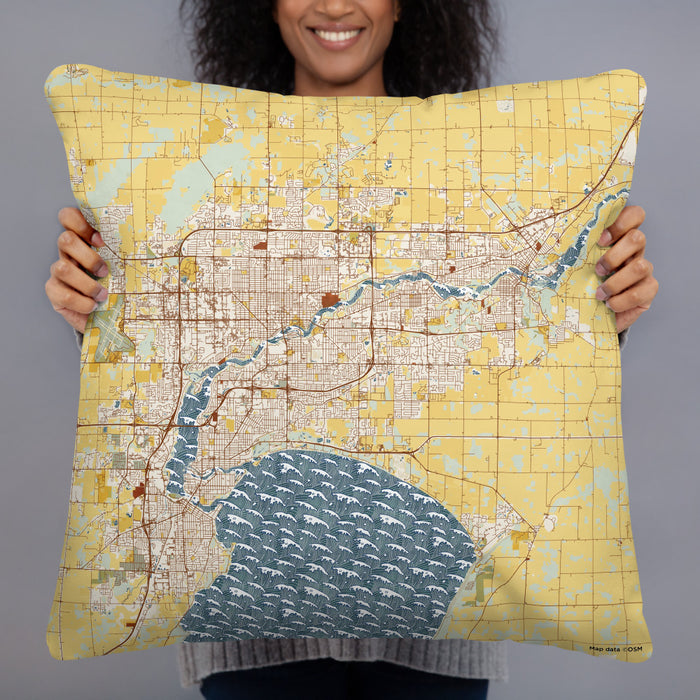 Person holding 22x22 Custom Fox Cities Wisconsin Map Throw Pillow in Woodblock