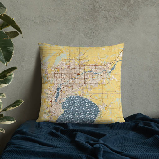 Custom Fox Cities Wisconsin Map Throw Pillow in Woodblock on Bedding Against Wall