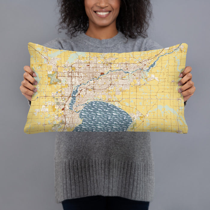 Person holding 20x12 Custom Fox Cities Wisconsin Map Throw Pillow in Woodblock