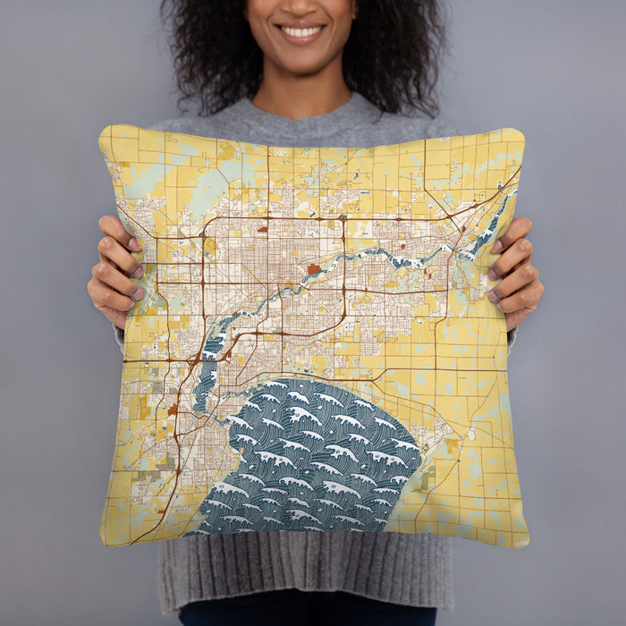 Person holding 18x18 Custom Fox Cities Wisconsin Map Throw Pillow in Woodblock