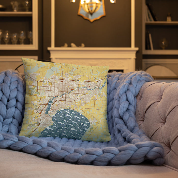 Custom Fox Cities Wisconsin Map Throw Pillow in Woodblock on Cream Colored Couch