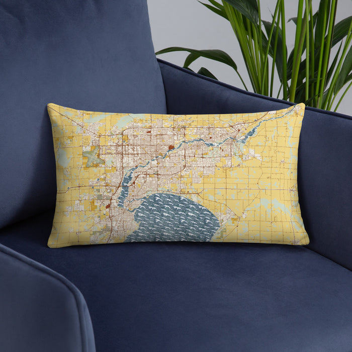 Custom Fox Cities Wisconsin Map Throw Pillow in Woodblock on Blue Colored Chair