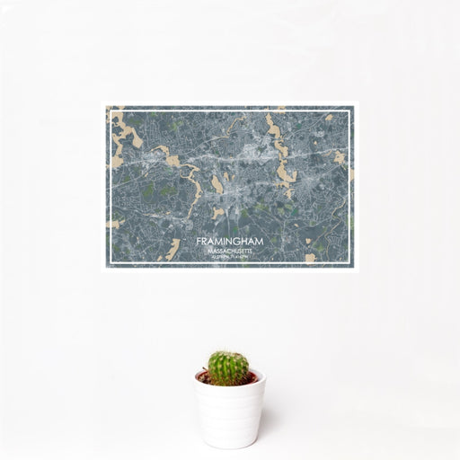 12x18 Framingham Massachusetts Map Print Landscape Orientation in Afternoon Style With Small Cactus Plant in White Planter