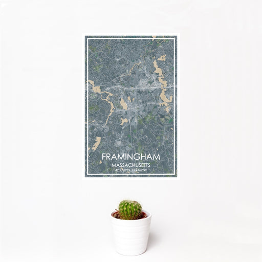 12x18 Framingham Massachusetts Map Print Portrait Orientation in Afternoon Style With Small Cactus Plant in White Planter