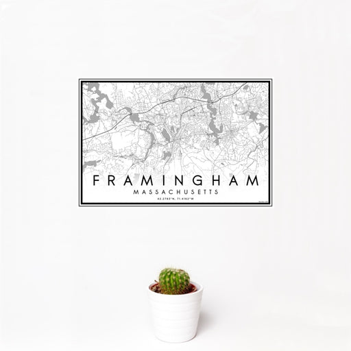 12x18 Framingham Massachusetts Map Print Landscape Orientation in Classic Style With Small Cactus Plant in White Planter