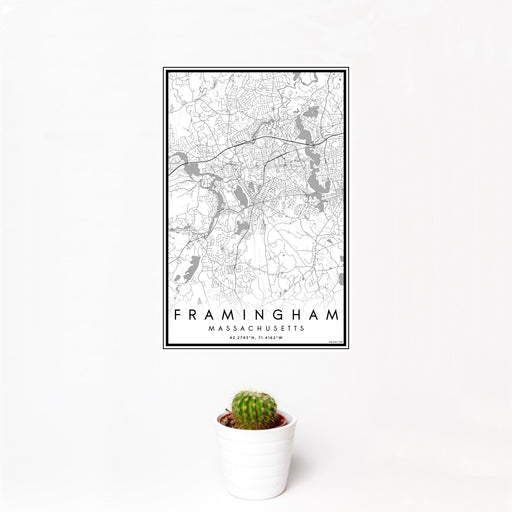 12x18 Framingham Massachusetts Map Print Portrait Orientation in Classic Style With Small Cactus Plant in White Planter