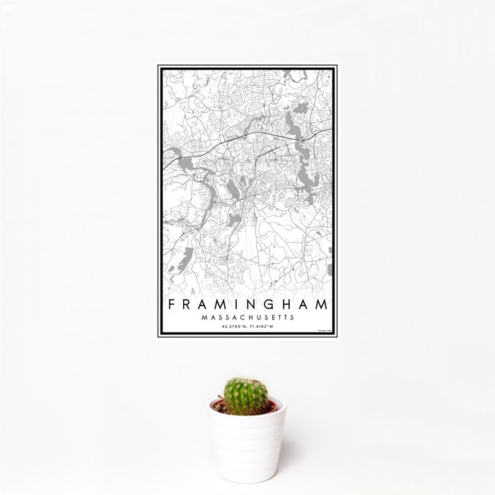 12x18 Framingham Massachusetts Map Print Portrait Orientation in Classic Style With Small Cactus Plant in White Planter
