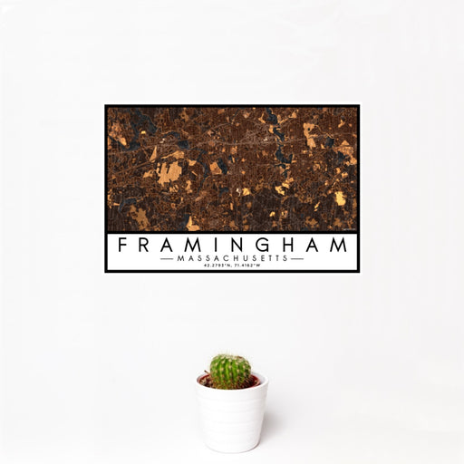 12x18 Framingham Massachusetts Map Print Landscape Orientation in Ember Style With Small Cactus Plant in White Planter
