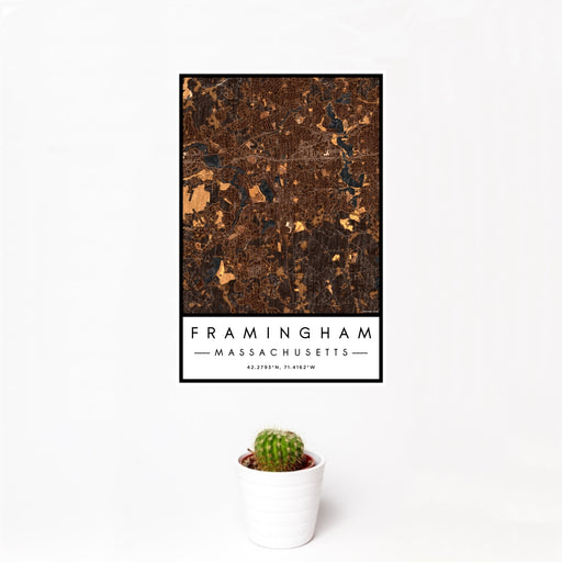 12x18 Framingham Massachusetts Map Print Portrait Orientation in Ember Style With Small Cactus Plant in White Planter